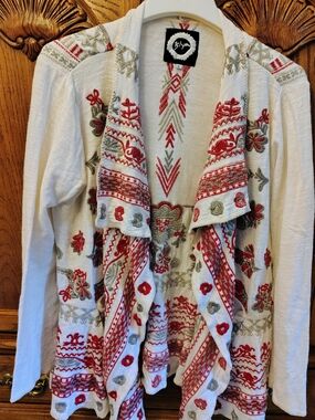 Nice sz L Biya Johnny Was Embroidered Cotton Cascade Cardigan Sweater